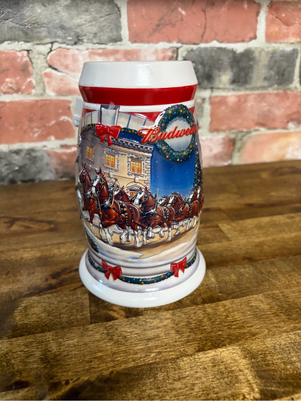 Budweiser Holiday Ceramic Stein with Red, White, Blue and Green Accents